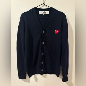 Comme des Garcons Play Sweater Mens Large Navy Cotton Heart Logo Cardigan Japan